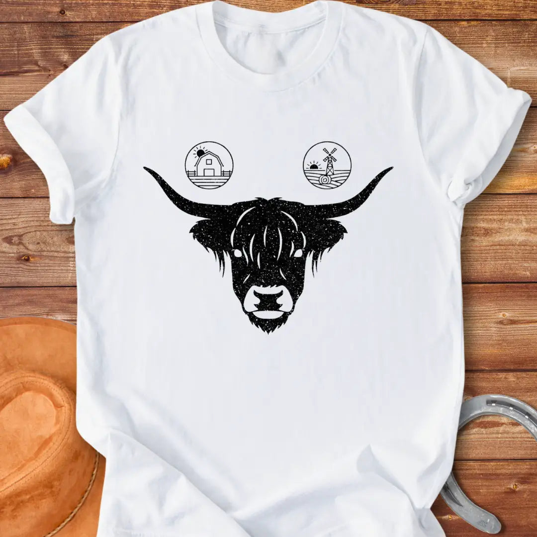 Highland cow face t-shirt with farmstead icons