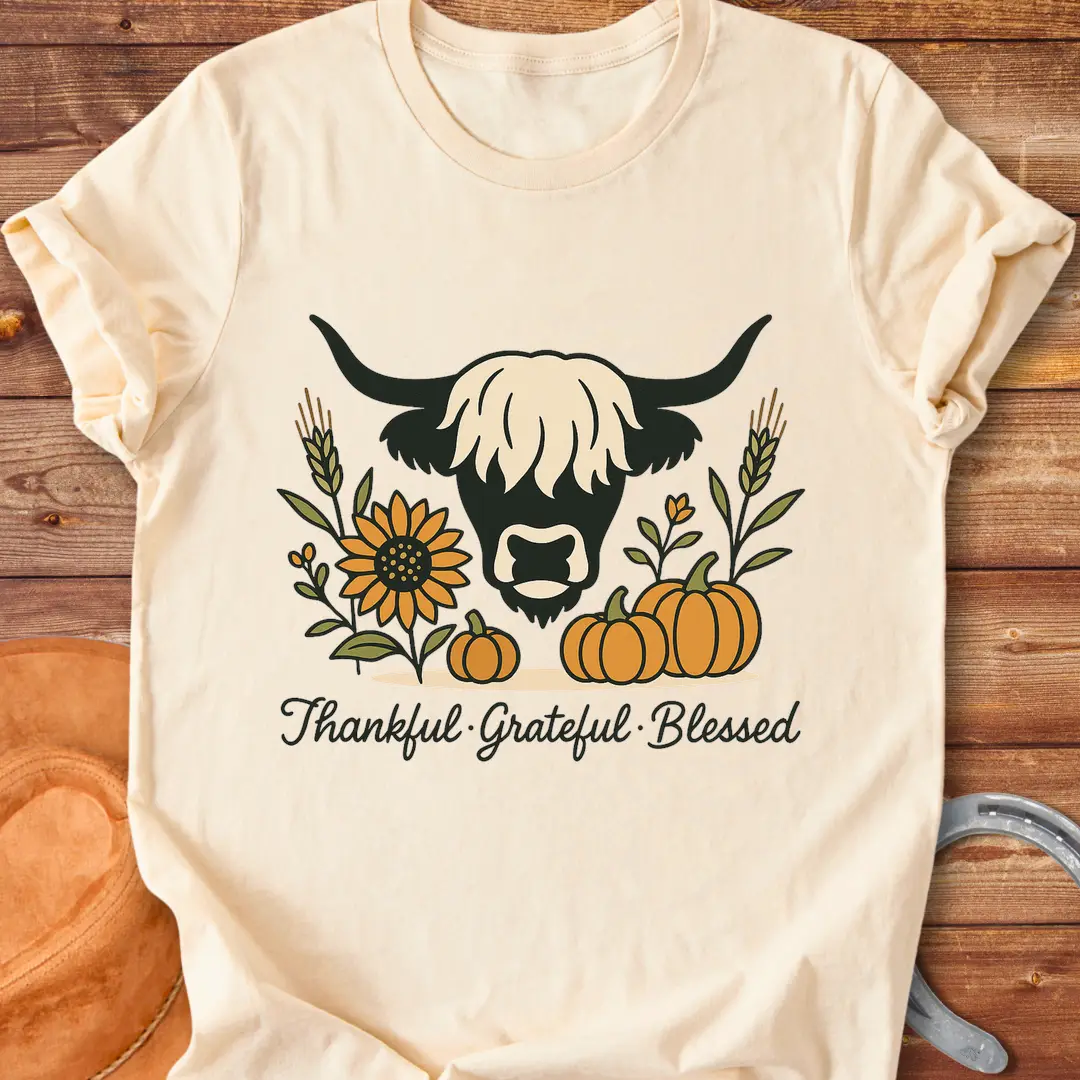 Highland cow with pumpkins, sunflower, and fall harvest design. Text reads: Thankful, Grateful, Blessed. Cow Lovers Clothing.
