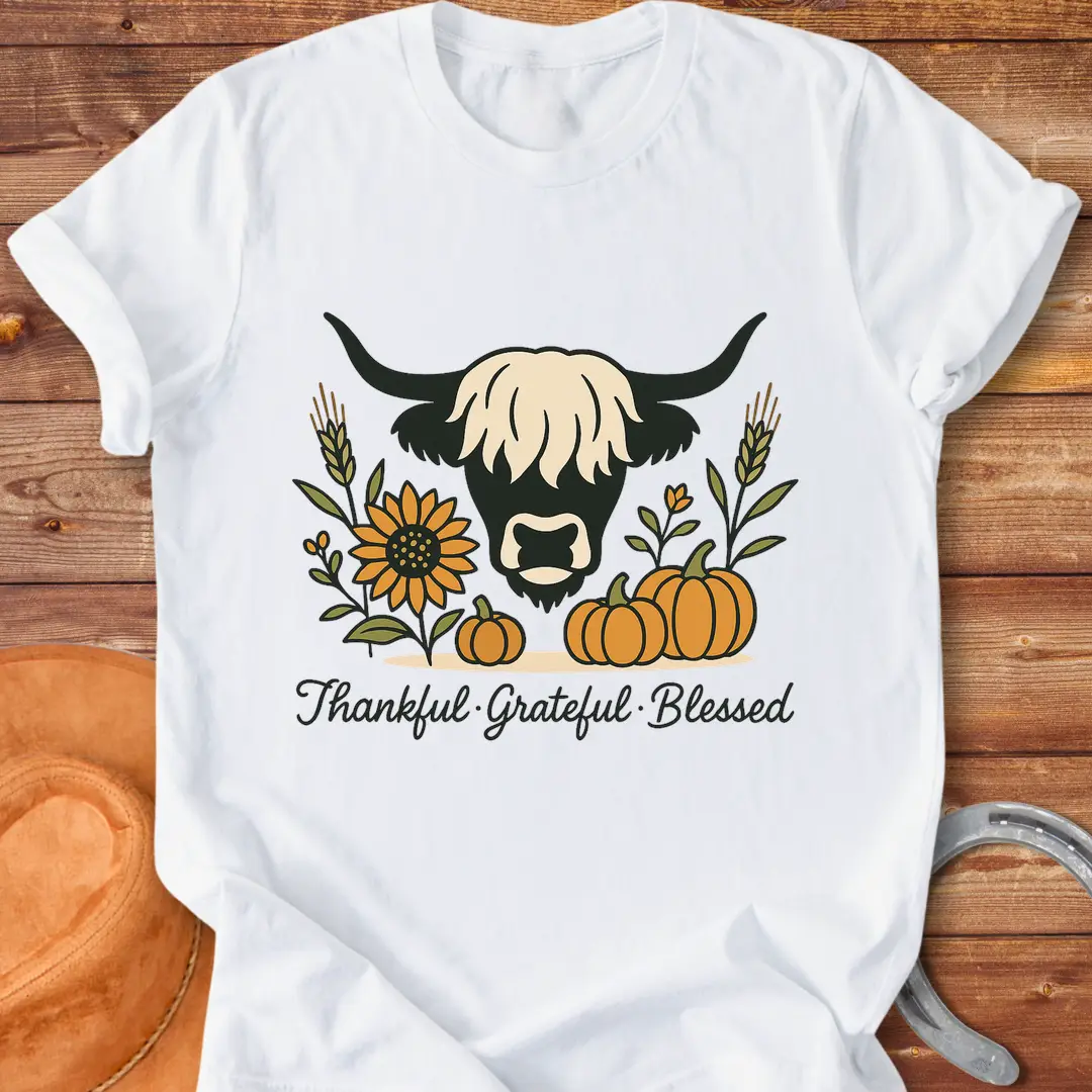 Highland cow with pumpkins, sunflower, and fall harvest design. Text reads: Thankful, Grateful, Blessed. Cow Lovers Clothing.
