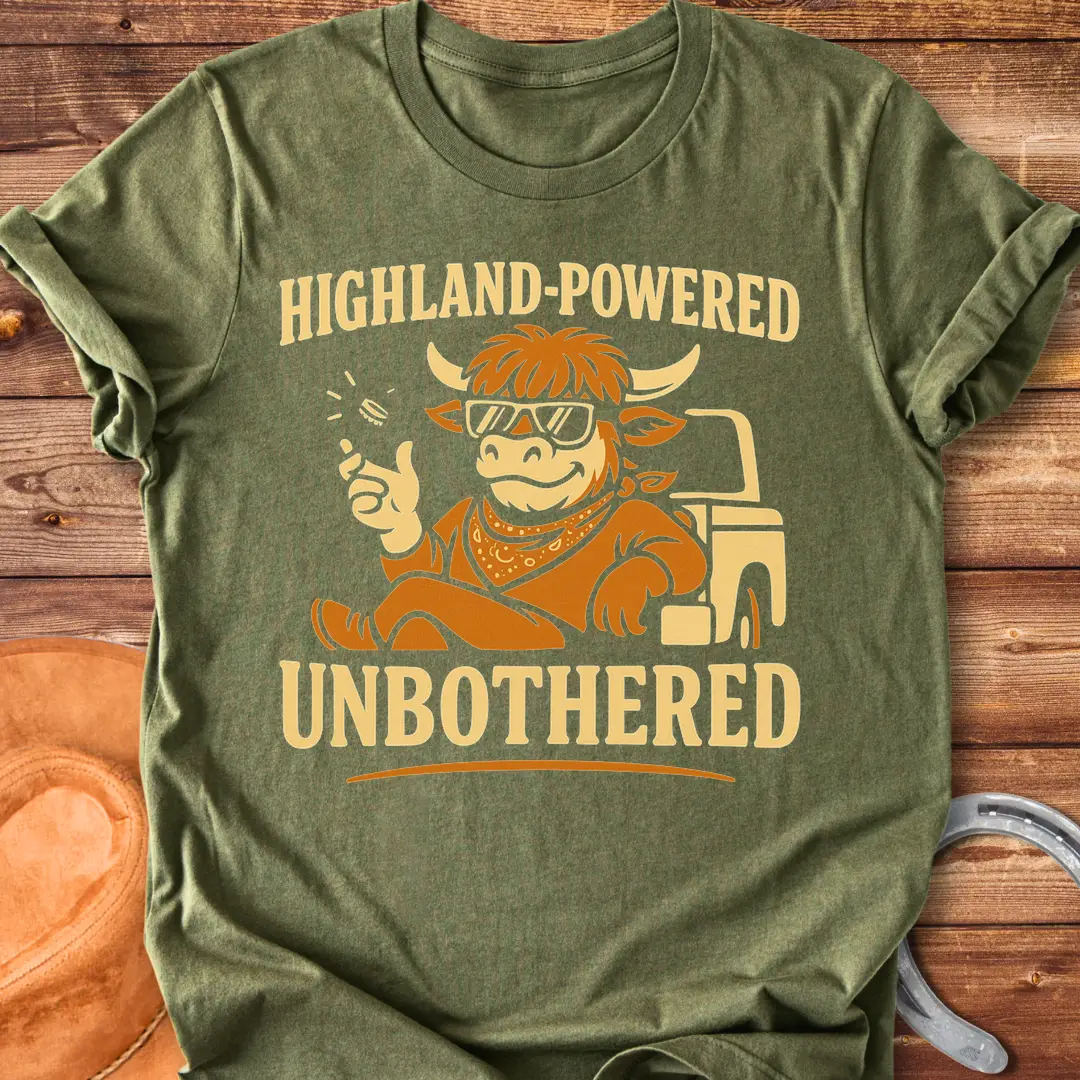 Highland cow wearing sunglasses, giving a thumbs up, with 'Highland Powered' and 'Unbothered' text on a t-shirt design.