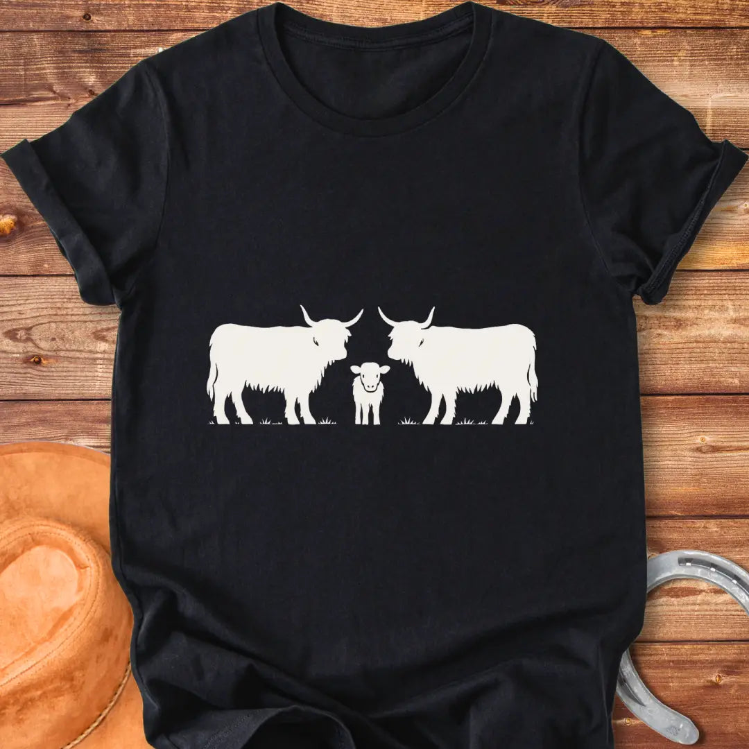 Highland Trio T-Shirt featuring a silhouette of a family of highland cows: a calf between two adults.