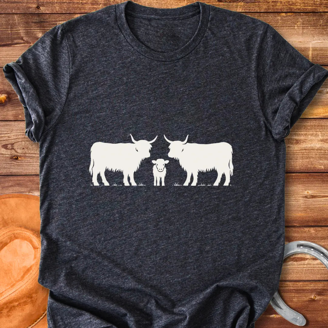 Highland Trio T-Shirt featuring a silhouette of a family of highland cows: a calf between two adults.