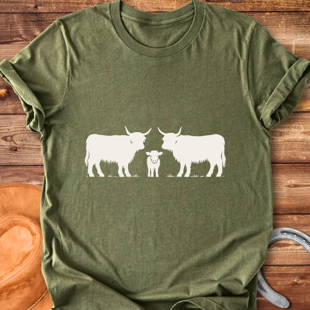 Highland Trio T-Shirt featuring a silhouette of a family of highland cows: a calf between two adults.