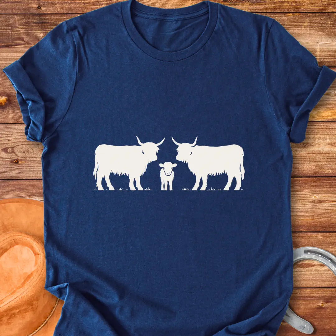 Highland Trio T-Shirt featuring a silhouette of a family of highland cows: a calf between two adults.