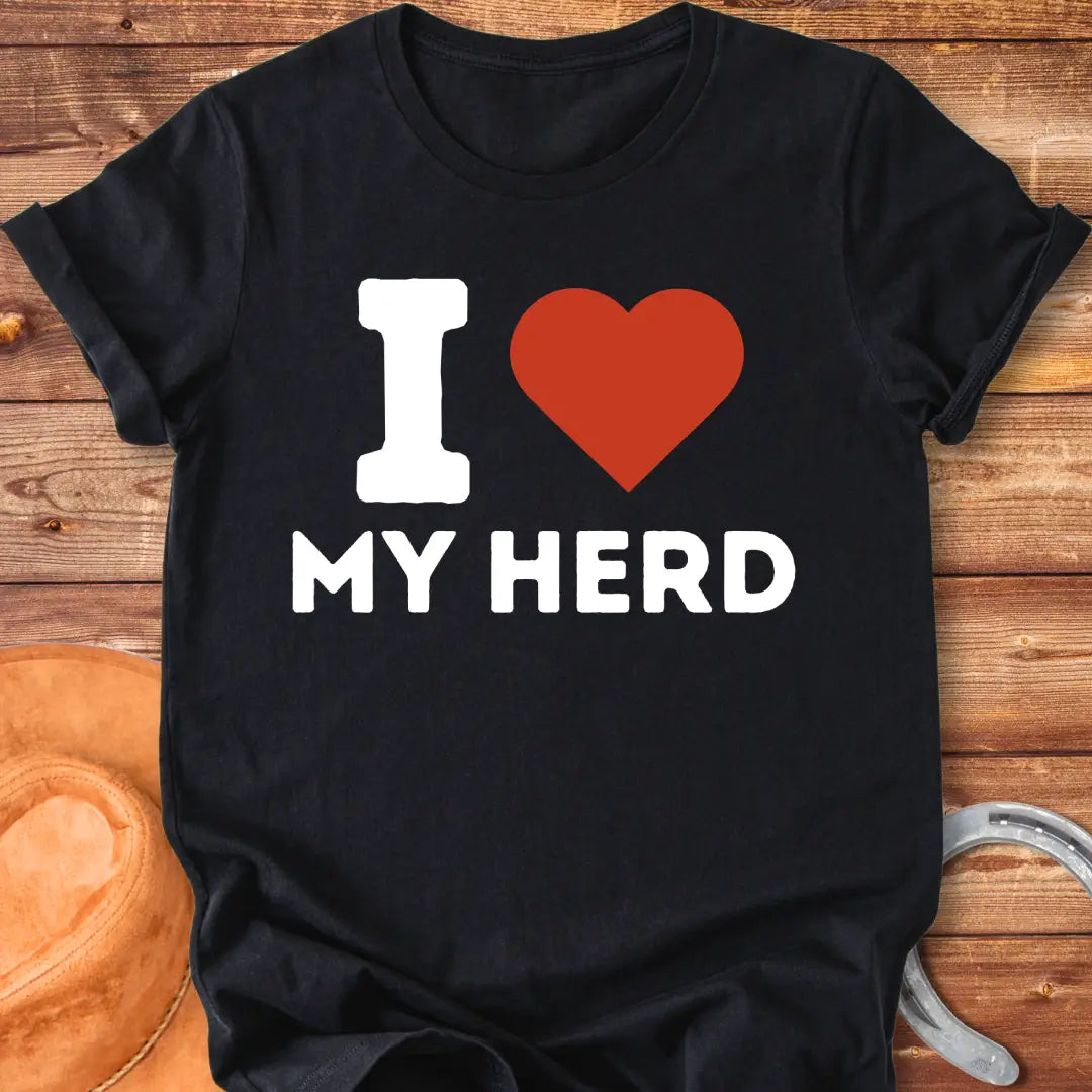 Red heart on black background, I heart my herd t-shirt