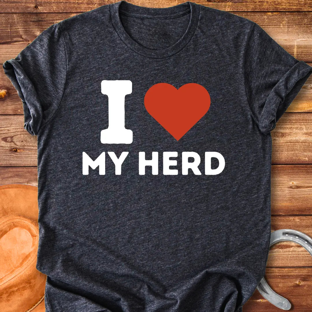 Red heart on black background, I heart my herd t-shirt
