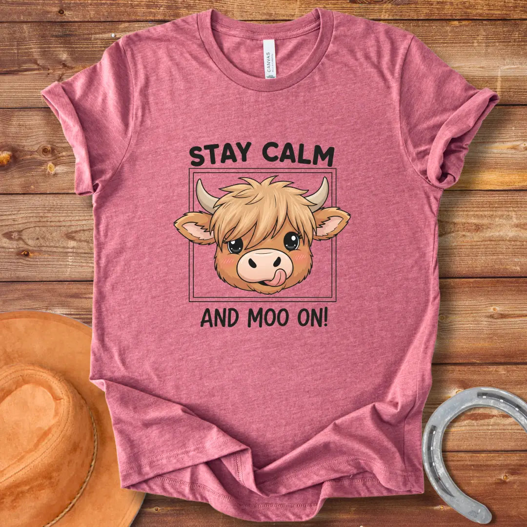 Kawaii cow face with the words Stay Calm and Moo On