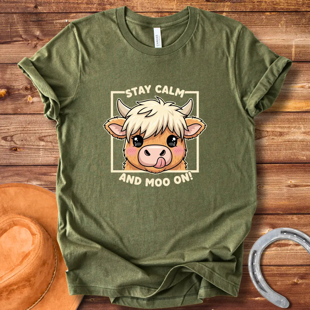 Kawaii cow face with the words Stay Calm and Moo On