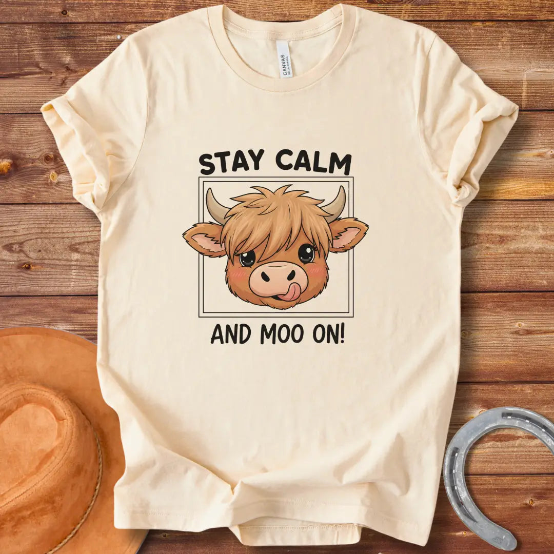 Kawaii cow face with the words Stay Calm and Moo On