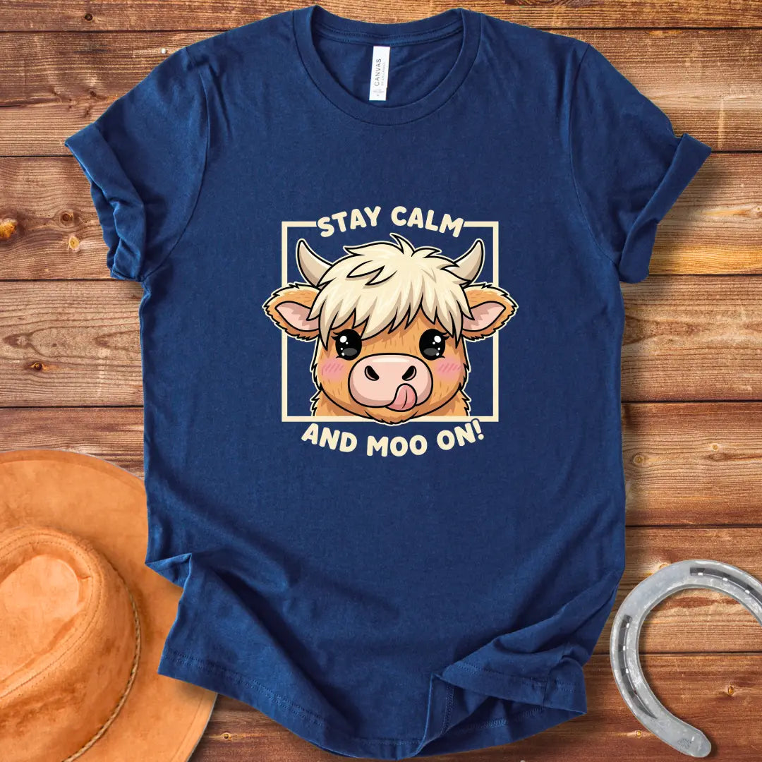 Kawaii cow face with the words Stay Calm and Moo On