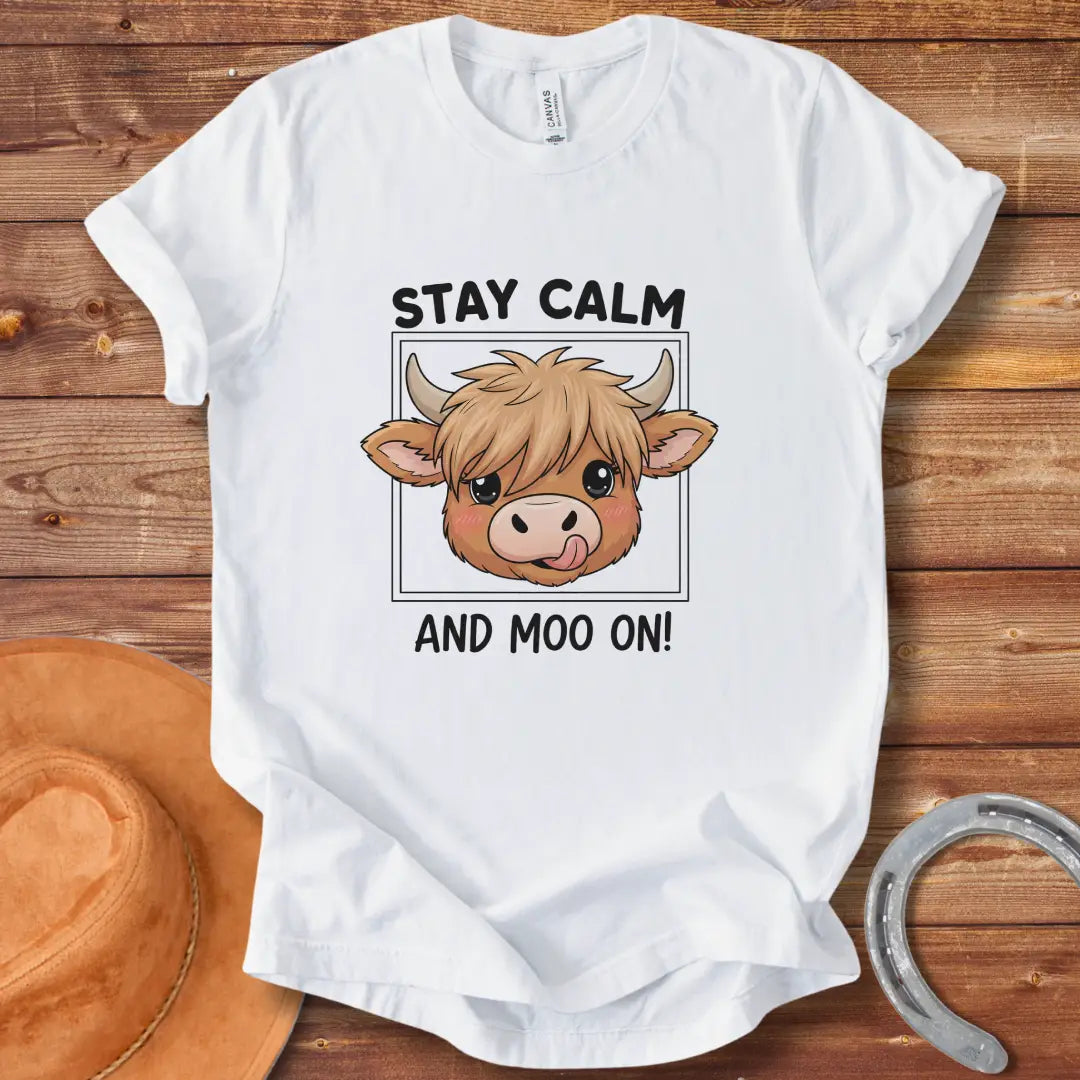 Kawaii cow face with the words Stay Calm and Moo On