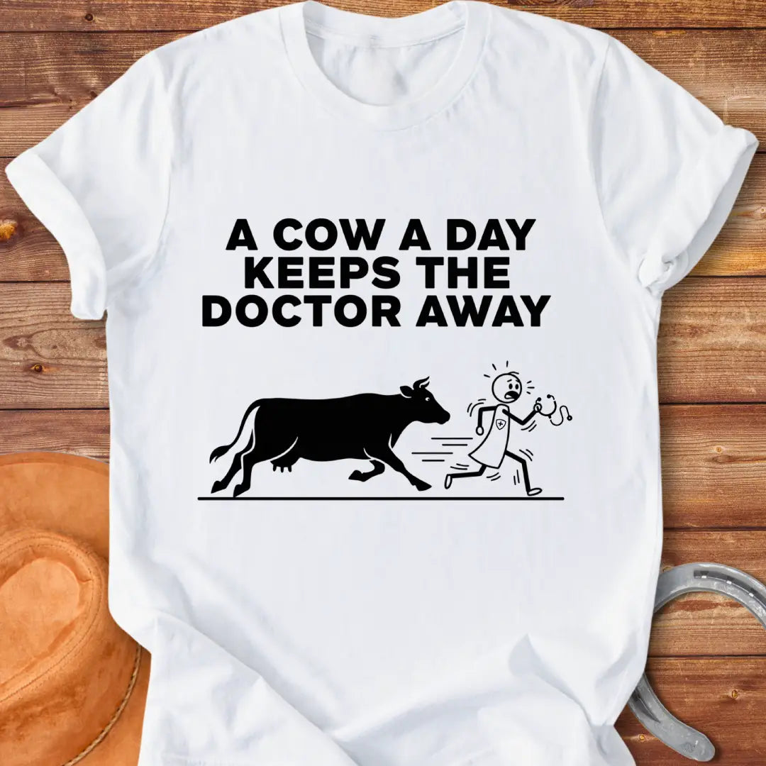 Black t-shirt design with a cow illustration and the text 'A Cow a Day Keeps the Doctor Away'