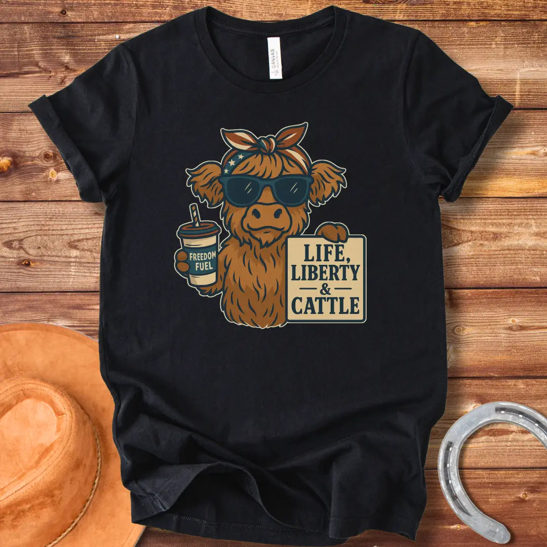 A Highland cow wearing sunglasses and a bandana, holding a sign that says 'Life, Liberty & Cattle' and a cup that says 'Freedom Fuel'.