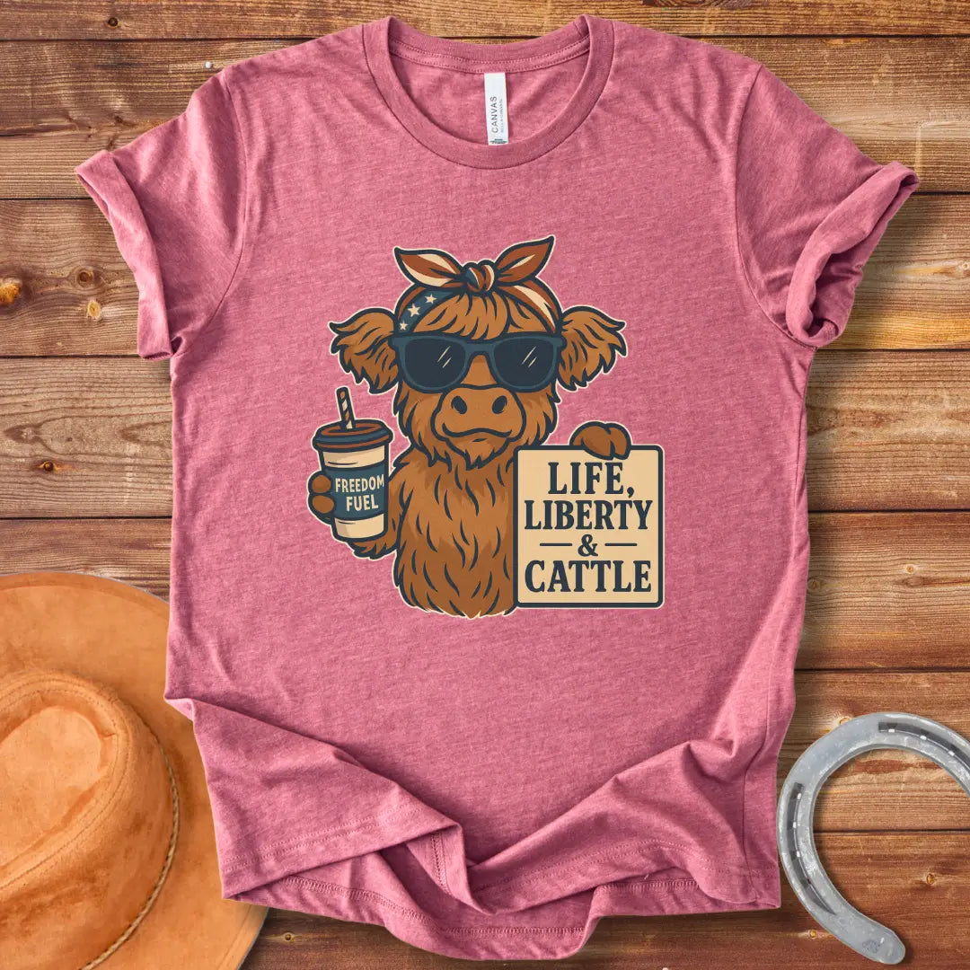 A Highland cow wearing sunglasses and a bandana, holding a sign that says 'Life, Liberty & Cattle' and a cup that says 'Freedom Fuel'.