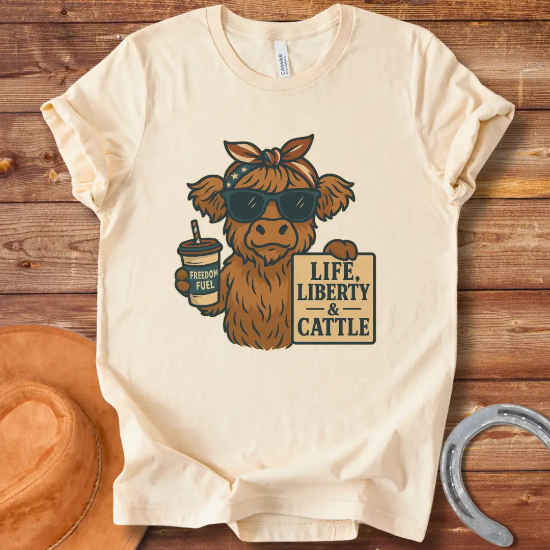 A Highland cow wearing sunglasses and a bandana, holding a sign that says 'Life, Liberty & Cattle' and a cup that says 'Freedom Fuel'.