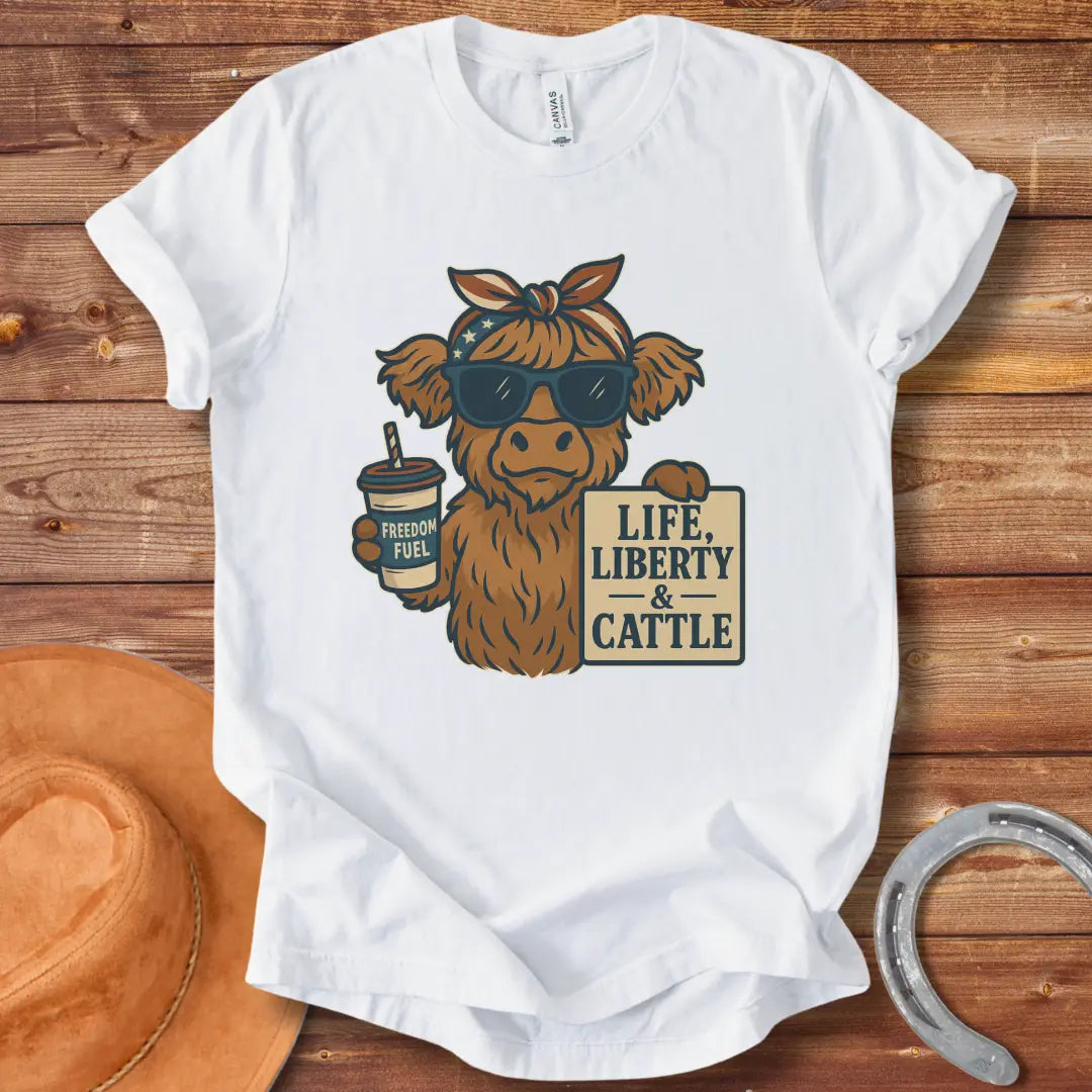A Highland cow wearing sunglasses and a bandana, holding a sign that says 'Life, Liberty & Cattle' and a cup that says 'Freedom Fuel'.