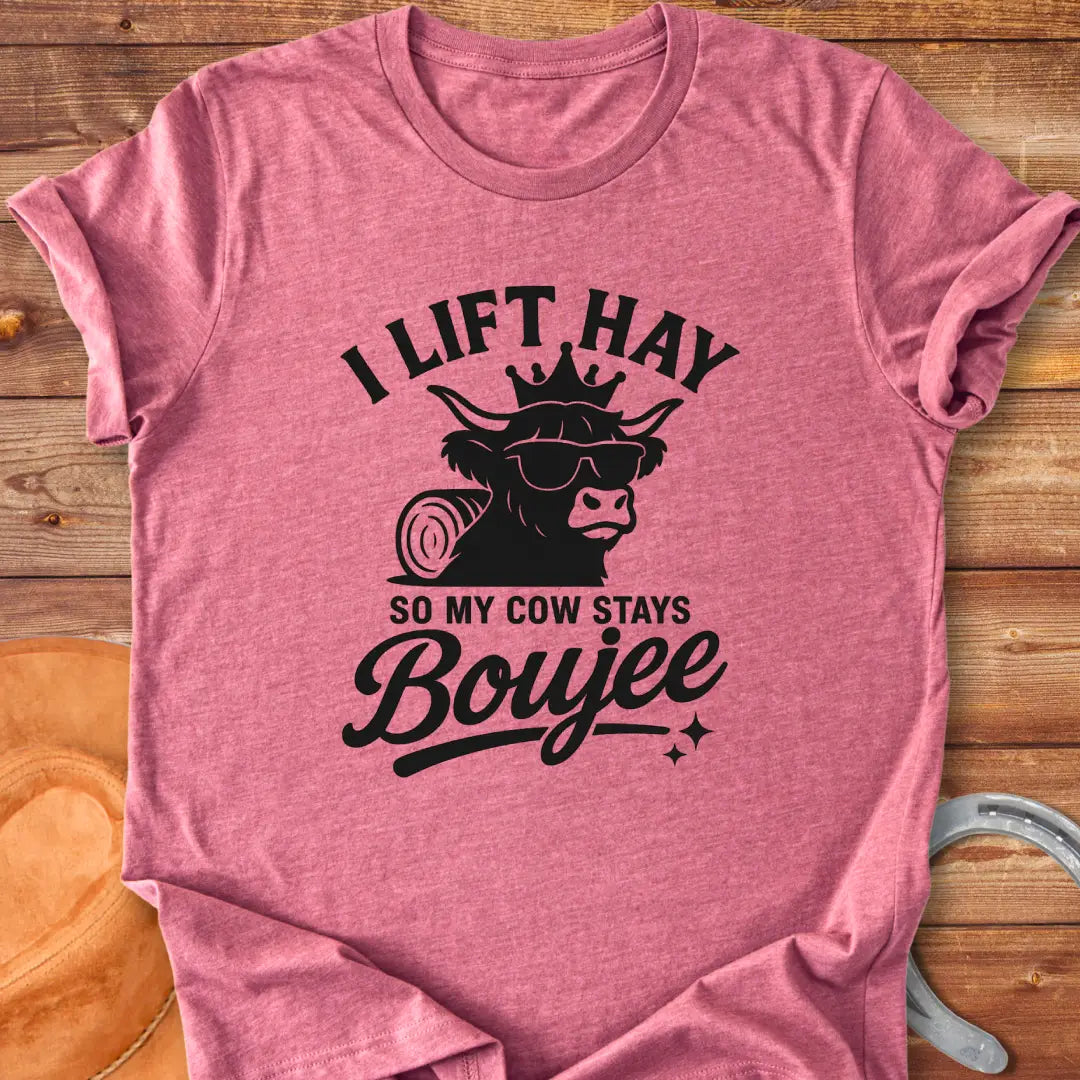A Highland cow wearing sunglasses and a crown, the text saying 'I lift hay so my cow stays boujee'