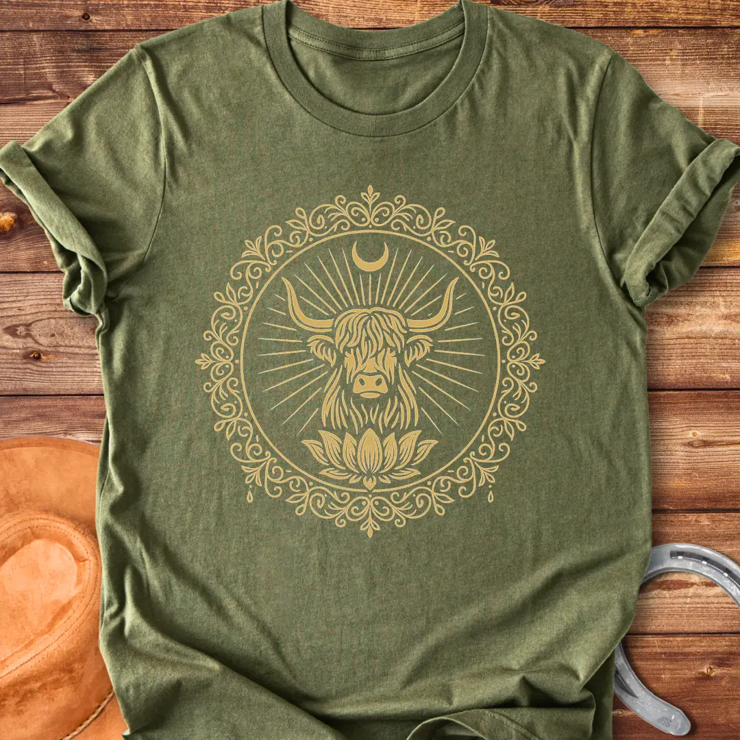 Highland cow face inside a lotus mandala design on a t-shirt