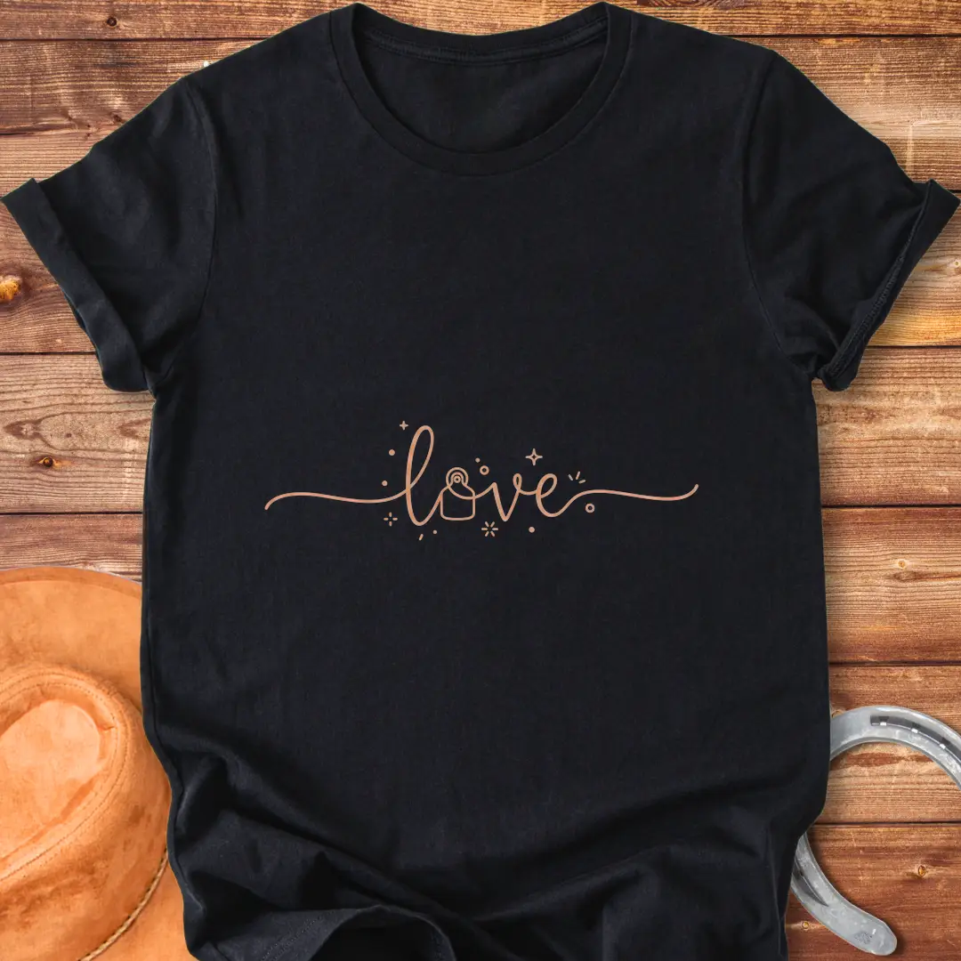 Love Eartag T-Shirt design featuring the word 'love' in a beautiful script with decorative details.