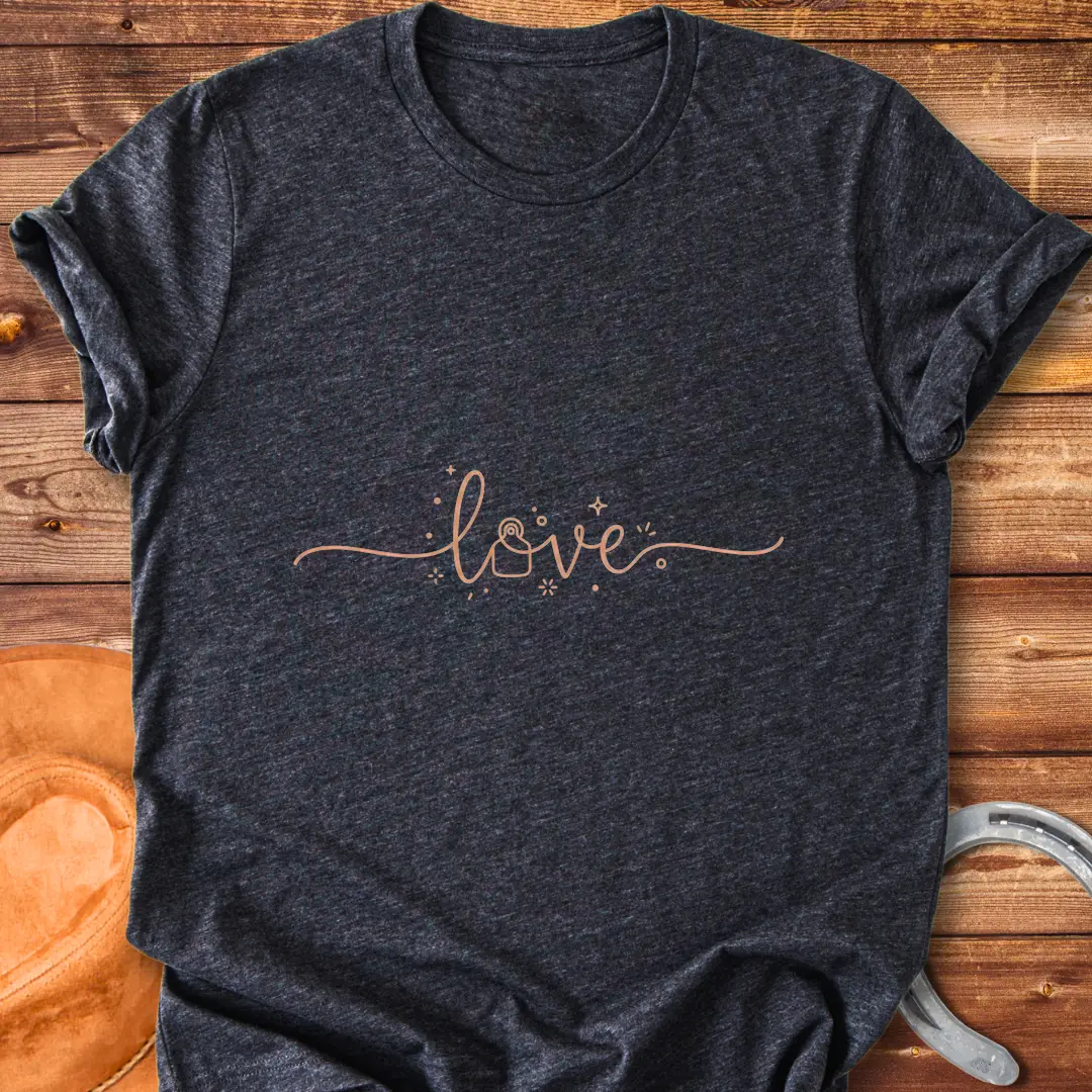 Love Eartag T-Shirt design featuring the word 'love' in a beautiful script with decorative details.