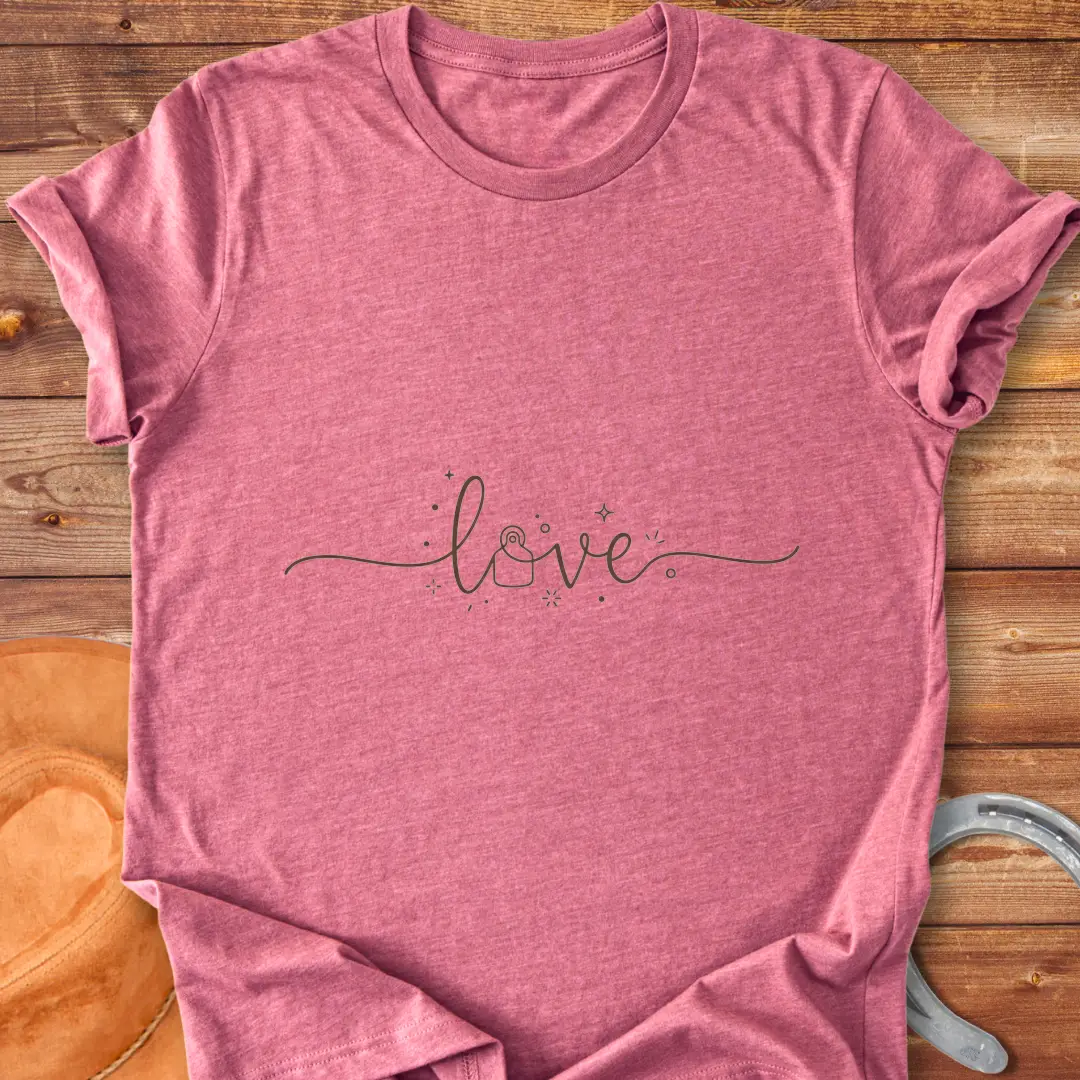 Love Eartag T-Shirt design featuring the word 'love' in a beautiful script with decorative details.