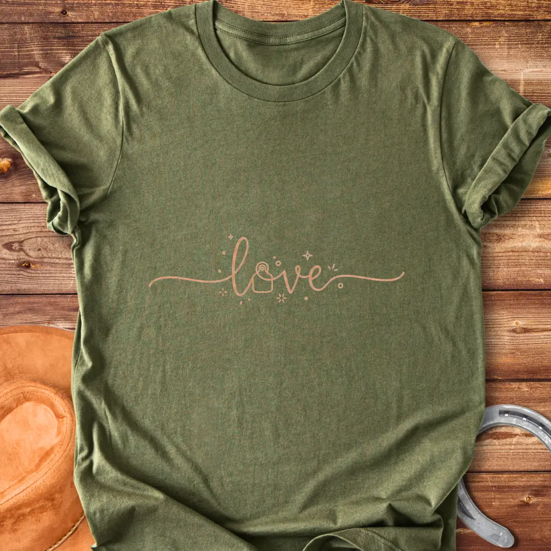Love Eartag T-Shirt design featuring the word 'love' in a beautiful script with decorative details.