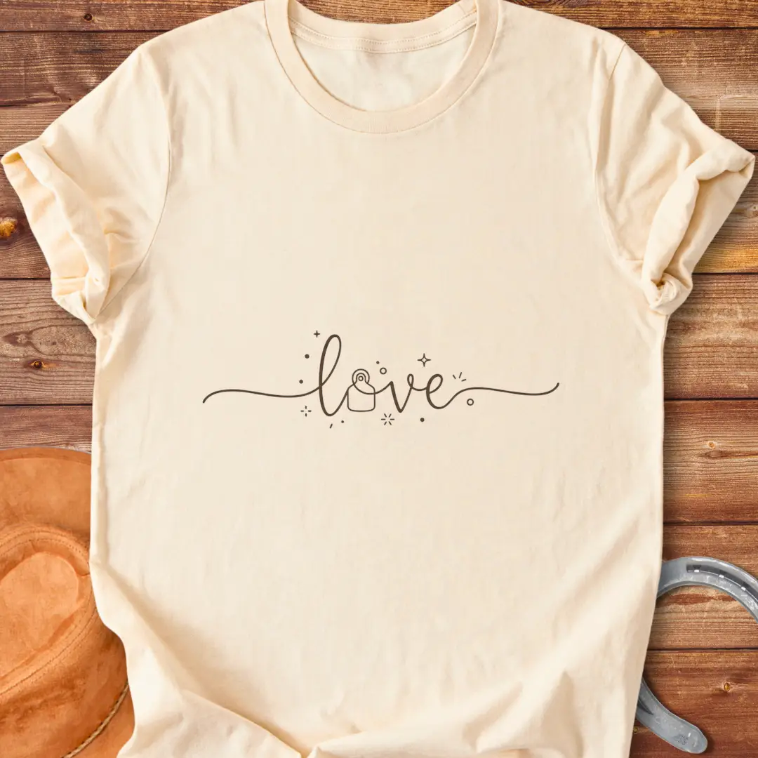 Love Eartag T-Shirt design featuring the word 'love' in a beautiful script with decorative details.