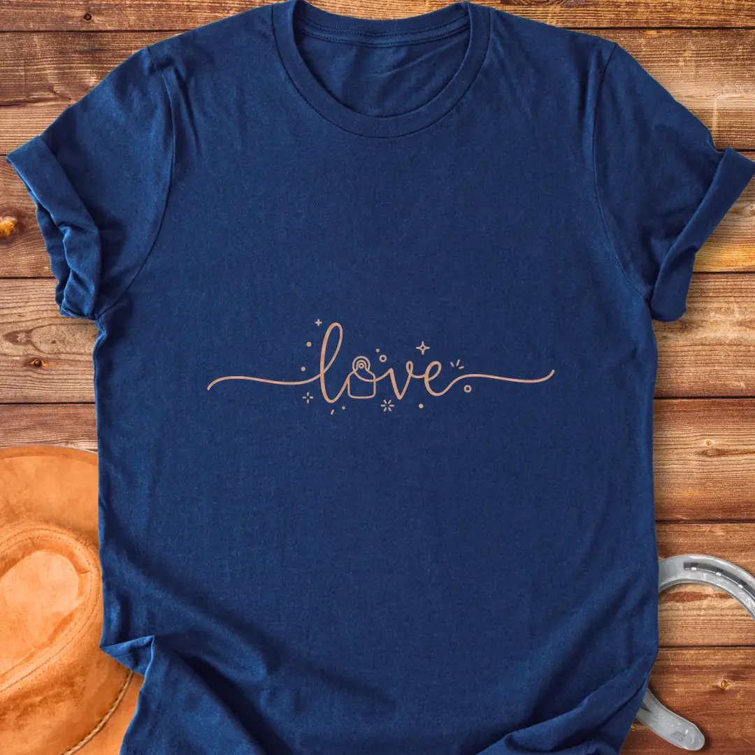 Love Eartag T-Shirt design featuring the word 'love' in a beautiful script with decorative details.