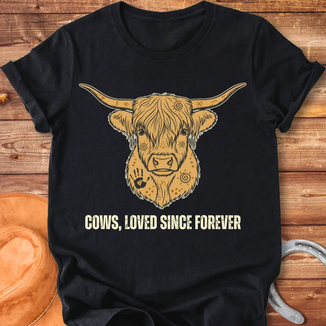 Loved Since Forever T-Shirt featuring a detailed illustration of a Highland cow's face with ornamental details
