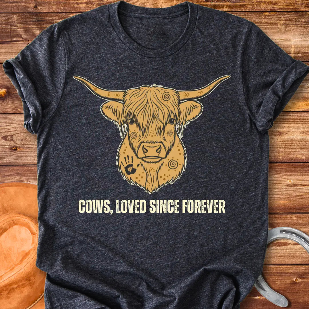 Loved Since Forever T-Shirt featuring a detailed illustration of a Highland cow's face with ornamental details
