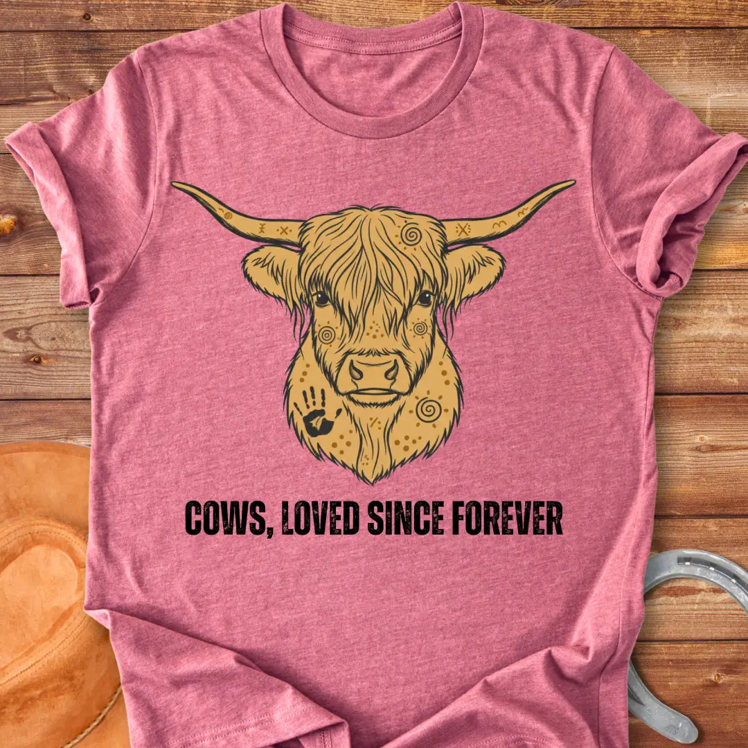 Loved Since Forever T-Shirt featuring a detailed illustration of a Highland cow's face with ornamental details
