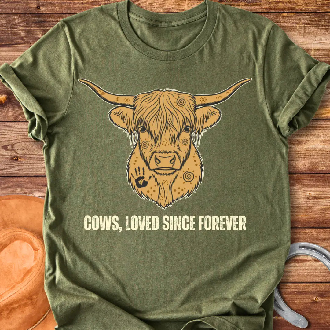 Loved Since Forever T-Shirt featuring a detailed illustration of a Highland cow's face with ornamental details