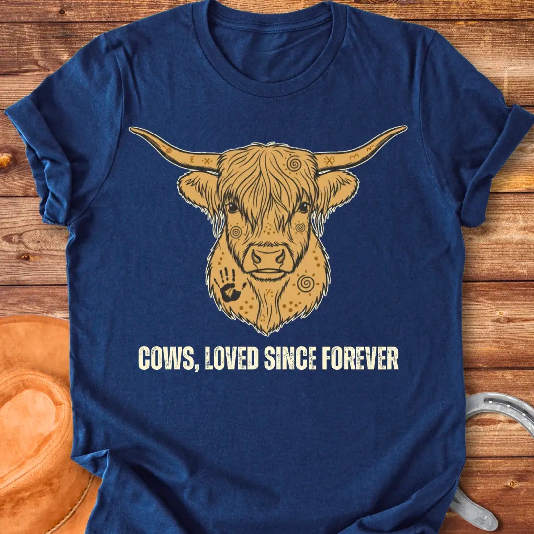 Loved Since Forever T-Shirt featuring a detailed illustration of a Highland cow's face with ornamental details