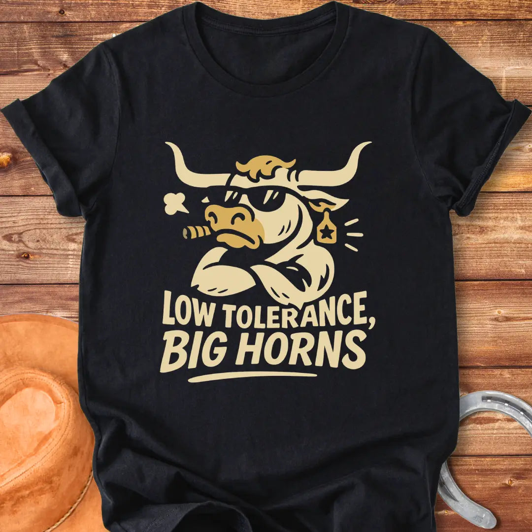 Illustration of a bull with sunglasses and a cigar with the words 'Low Tolerance, Big Horns'