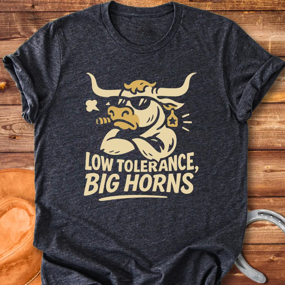Illustration of a bull with sunglasses and a cigar with the words 'Low Tolerance, Big Horns'