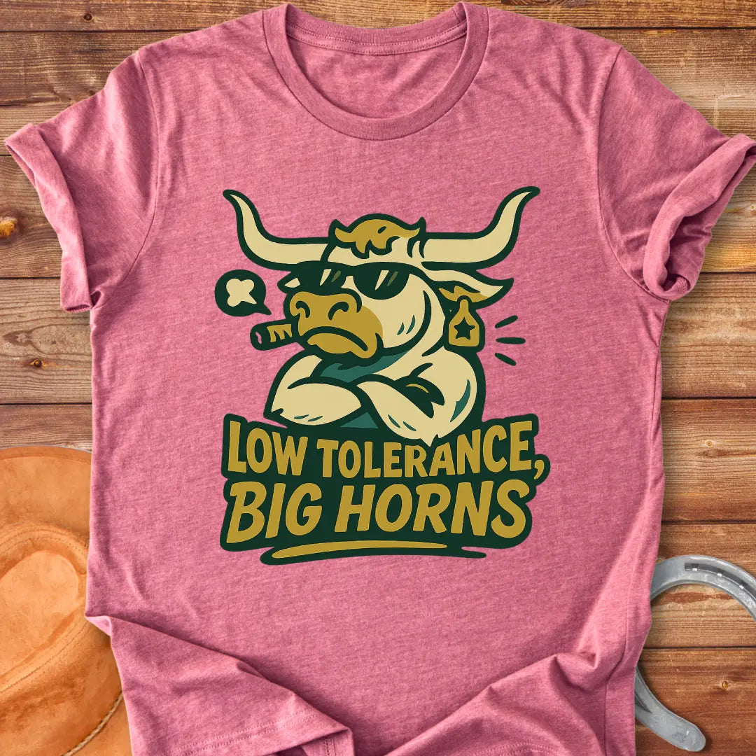 Illustration of a bull with sunglasses and a cigar with the words 'Low Tolerance, Big Horns'