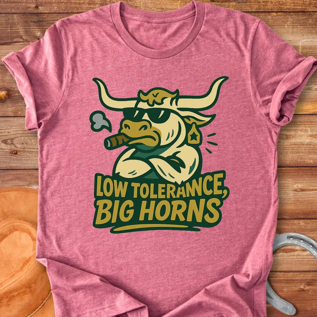 Cool cow wearing sunglasses and smoking a cigar. Low Tolerance, Big Horns T-shirt design.
