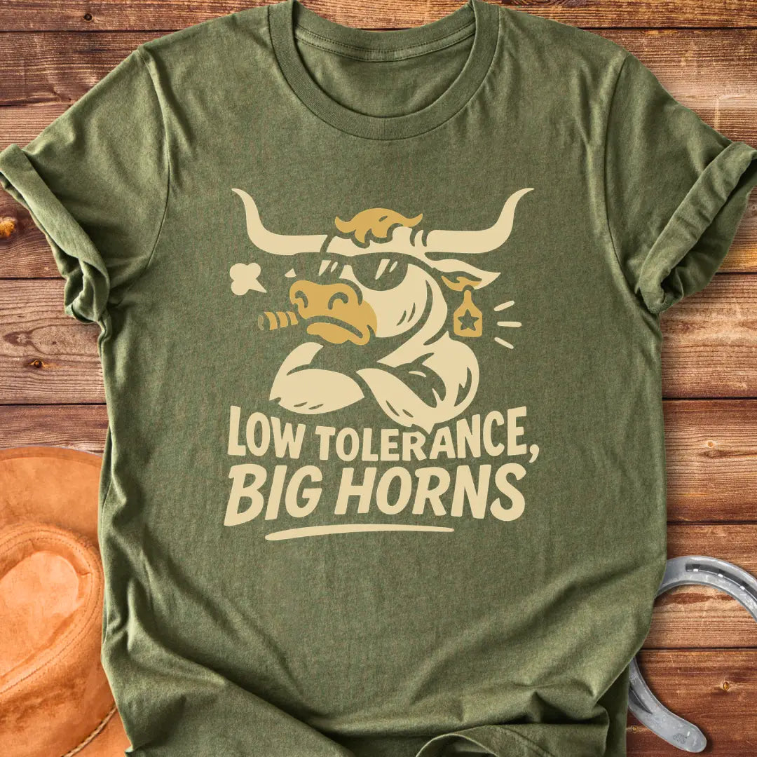 Illustration of a bull with sunglasses and a cigar with the words 'Low Tolerance, Big Horns'