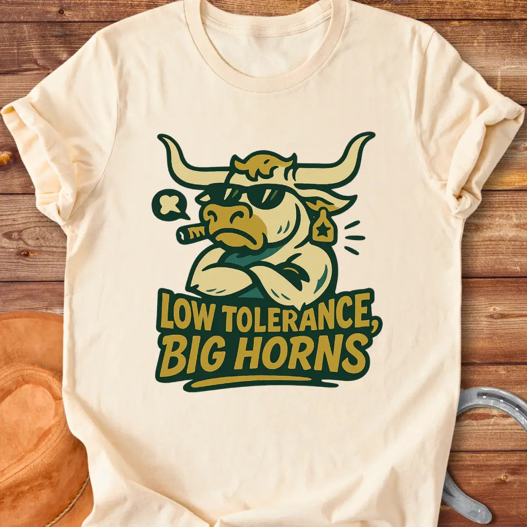 Illustration of a bull with sunglasses and a cigar with the words 'Low Tolerance, Big Horns'