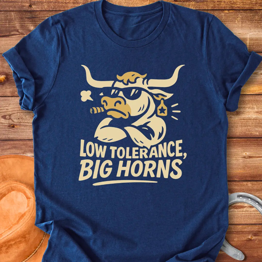 Illustration of a bull with sunglasses and a cigar with the words 'Low Tolerance, Big Horns'