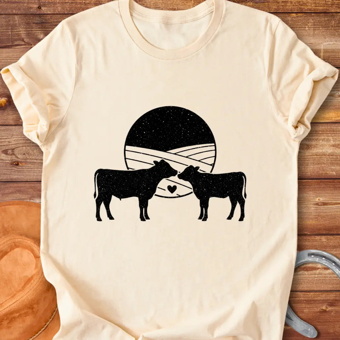 Silhouette of a mother cow and her calf, with a heart in between them and a field background