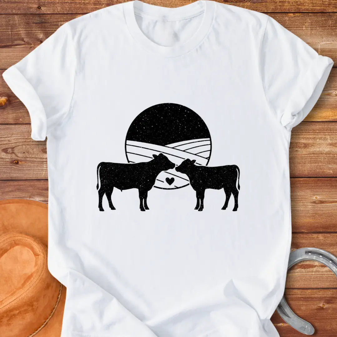 Silhouette of a mother cow and her calf, with a heart in between them and a field background