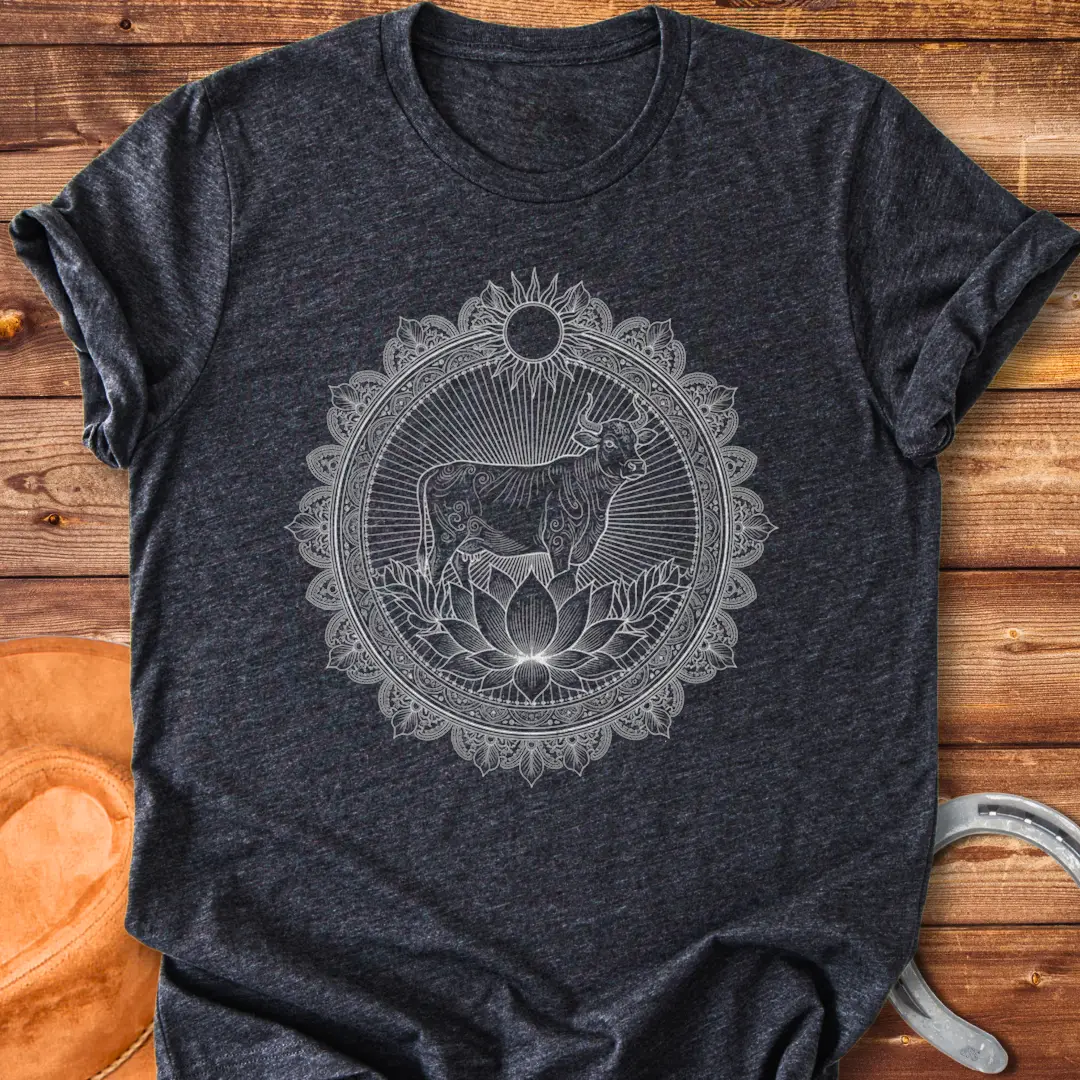 Intricate mandala design featuring a cow at the center, radiating with light and detail