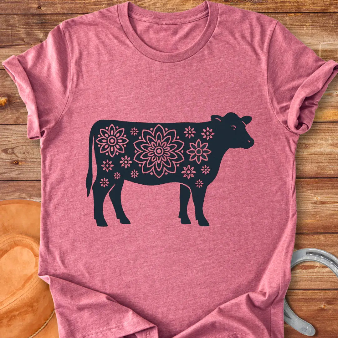 Mandala flower design on a cow silhouette t-shirt
