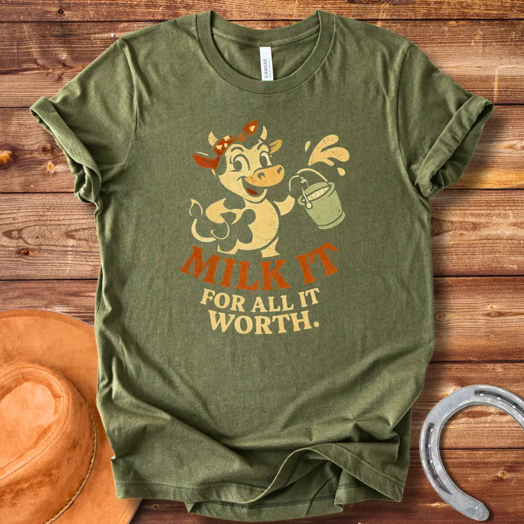 Happy cartoon cow holding a bucket of milk, vintage style t-shirt design. Text reads 'Milk It for all its worth.'