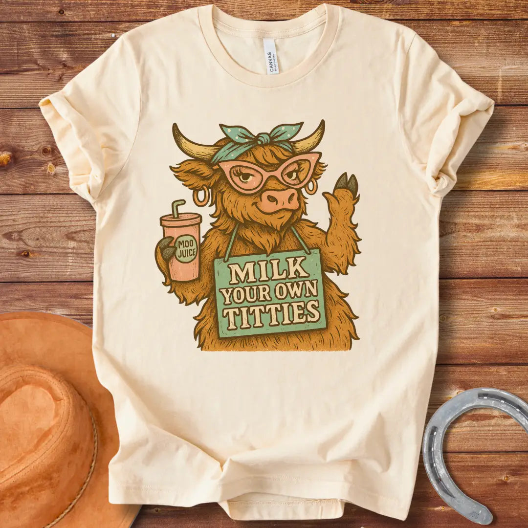 A stylish Highland cow wearing pink glasses and a headscarf holds a 'Moo Juice' drink and a sign that says 'Milk Your Own Titties'.