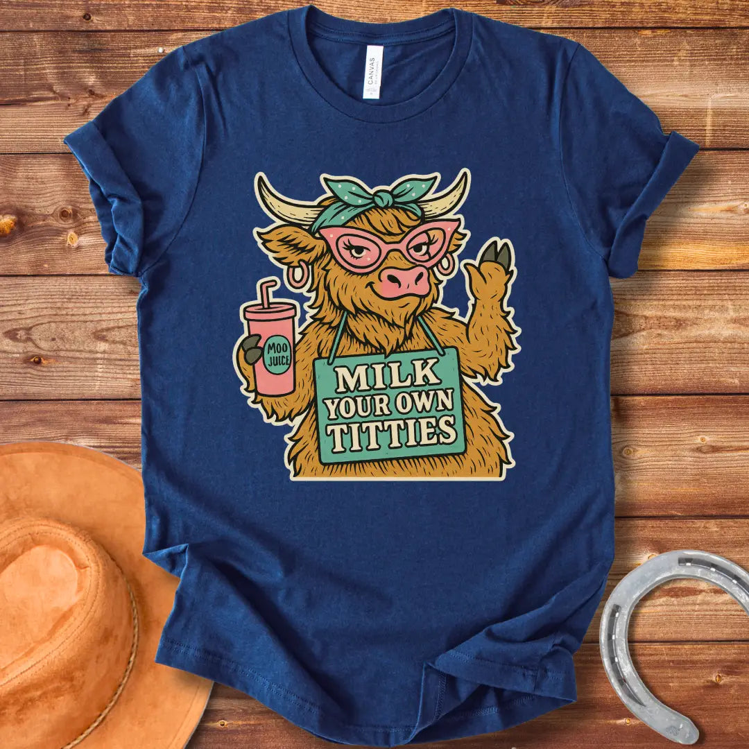 A stylish Highland cow wearing pink glasses and a headscarf holds a 'Moo Juice' drink and a sign that says 'Milk Your Own Titties'.