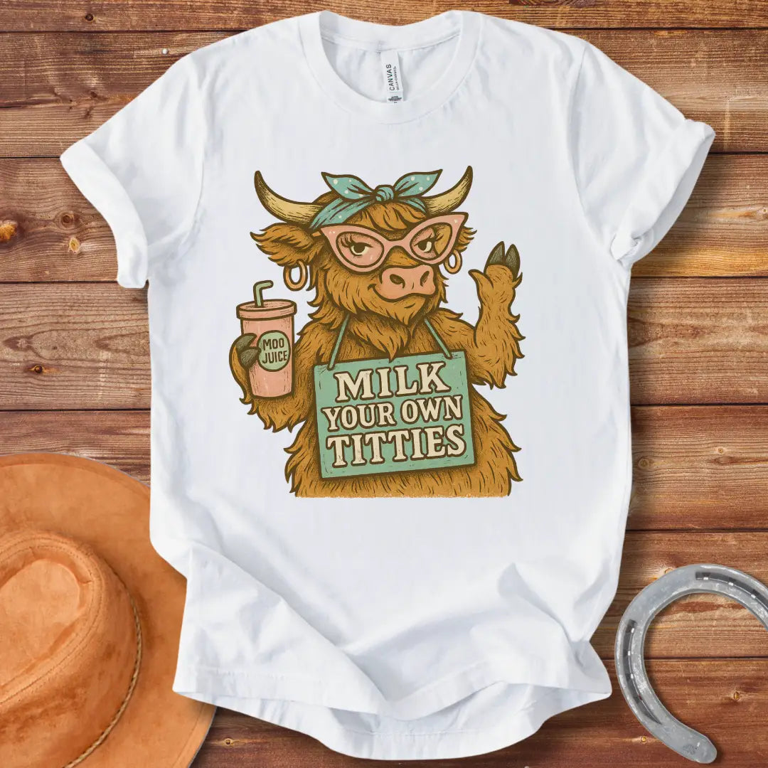 A stylish Highland cow wearing pink glasses and a headscarf holds a 'Moo Juice' drink and a sign that says 'Milk Your Own Titties'.