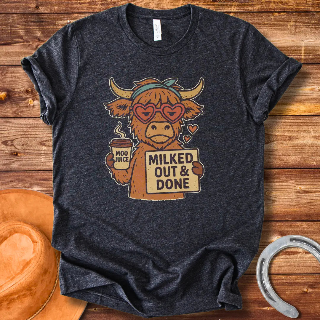 Illustration of a cool cow wearing heart-shaped sunglasses, holding 'Moo Juice' and a sign that says 'Milked Out & Done.'