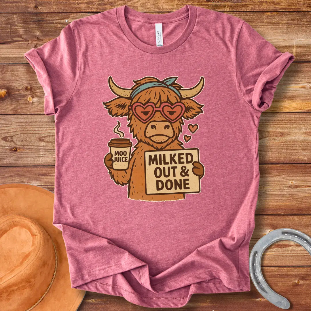 Illustration of a cool cow wearing heart-shaped sunglasses, holding 'Moo Juice' and a sign that says 'Milked Out & Done.'